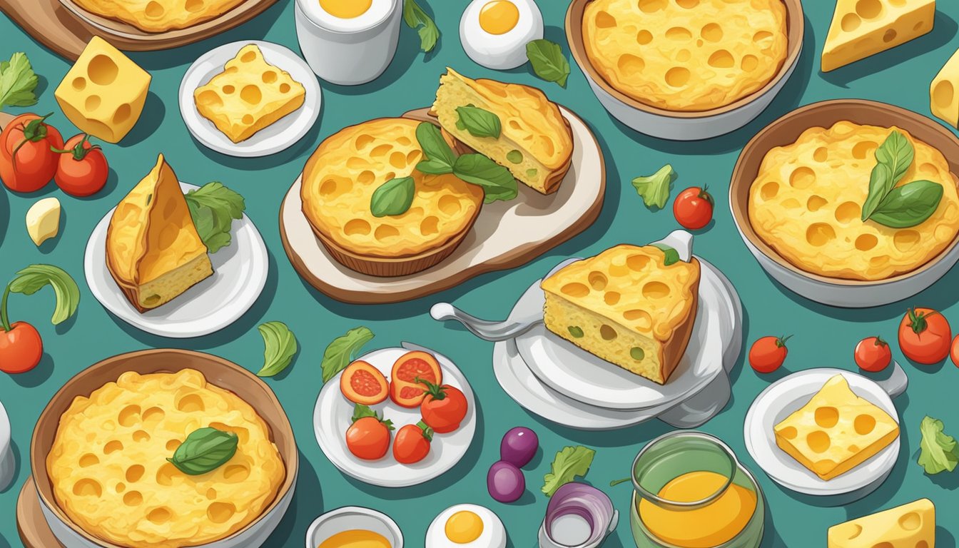 A colorful array of cheese and veggie omelette muffins arranged on a platter, surrounded by playful breakfast-themed elements