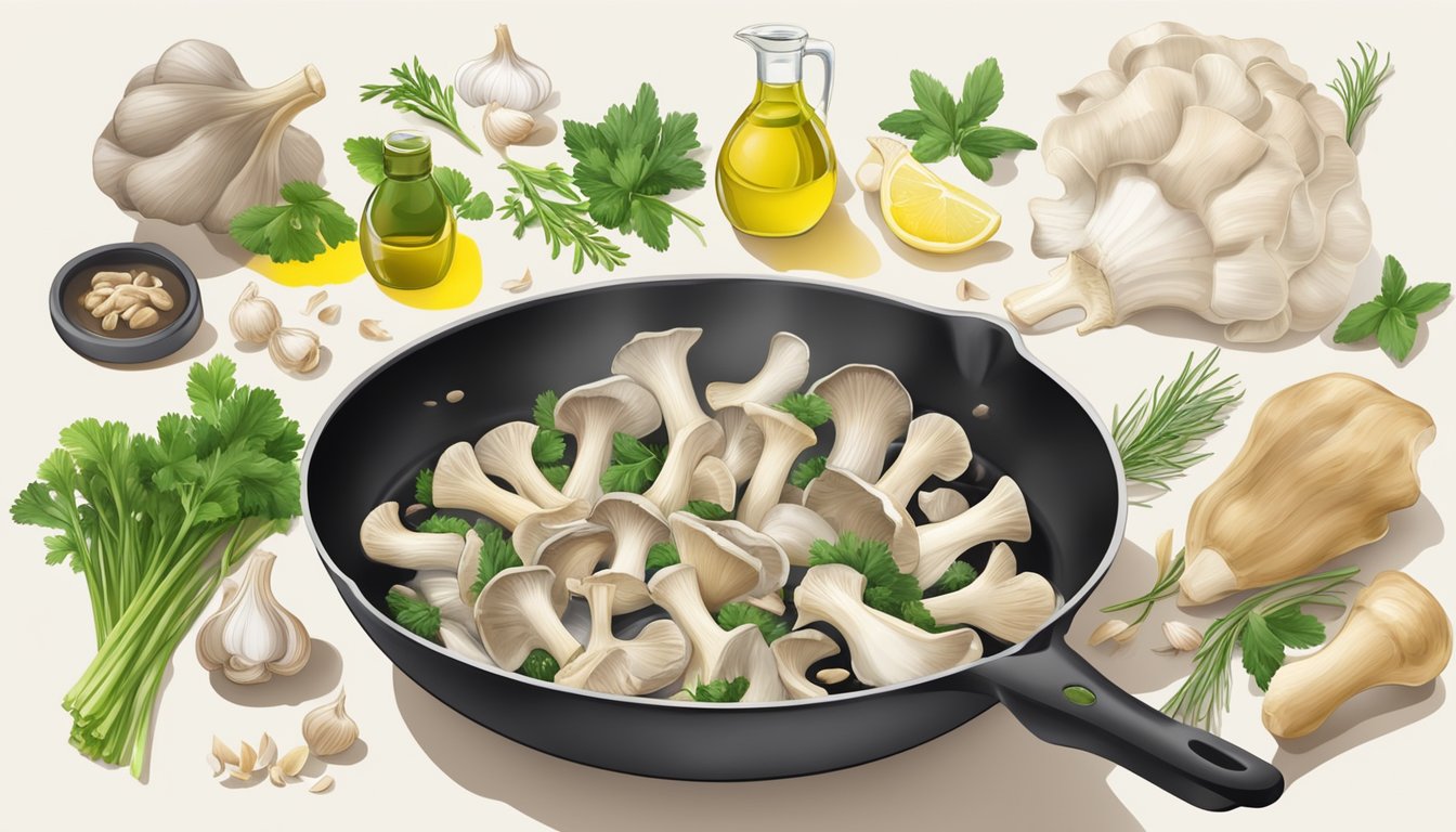 A chef sautéing king oyster mushrooms in a pan with garlic, olive oil, and herbs, surrounded by fresh ingredients and a nutritional chart