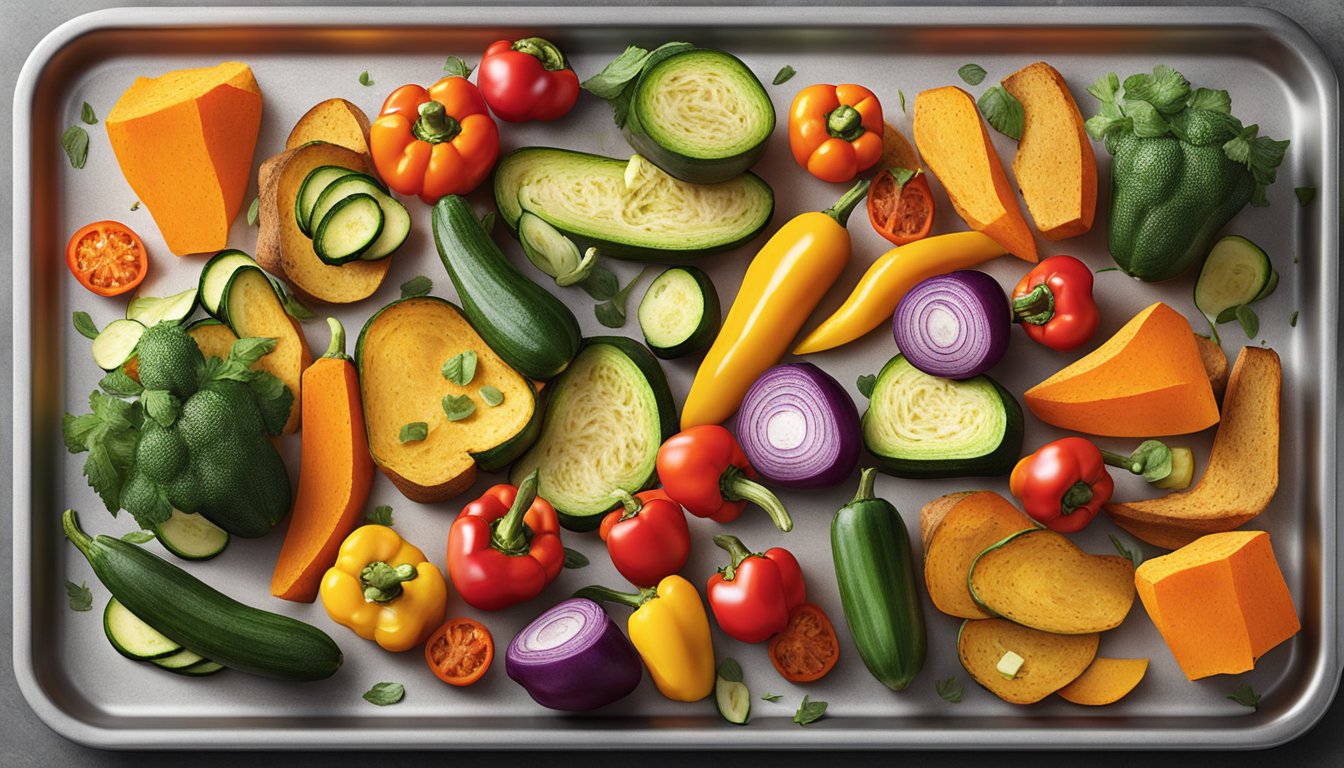 A colorful array of roasted vegetables, including bell peppers, sweet potatoes, and zucchini, arranged in a breakfast bowl on a sheet pan