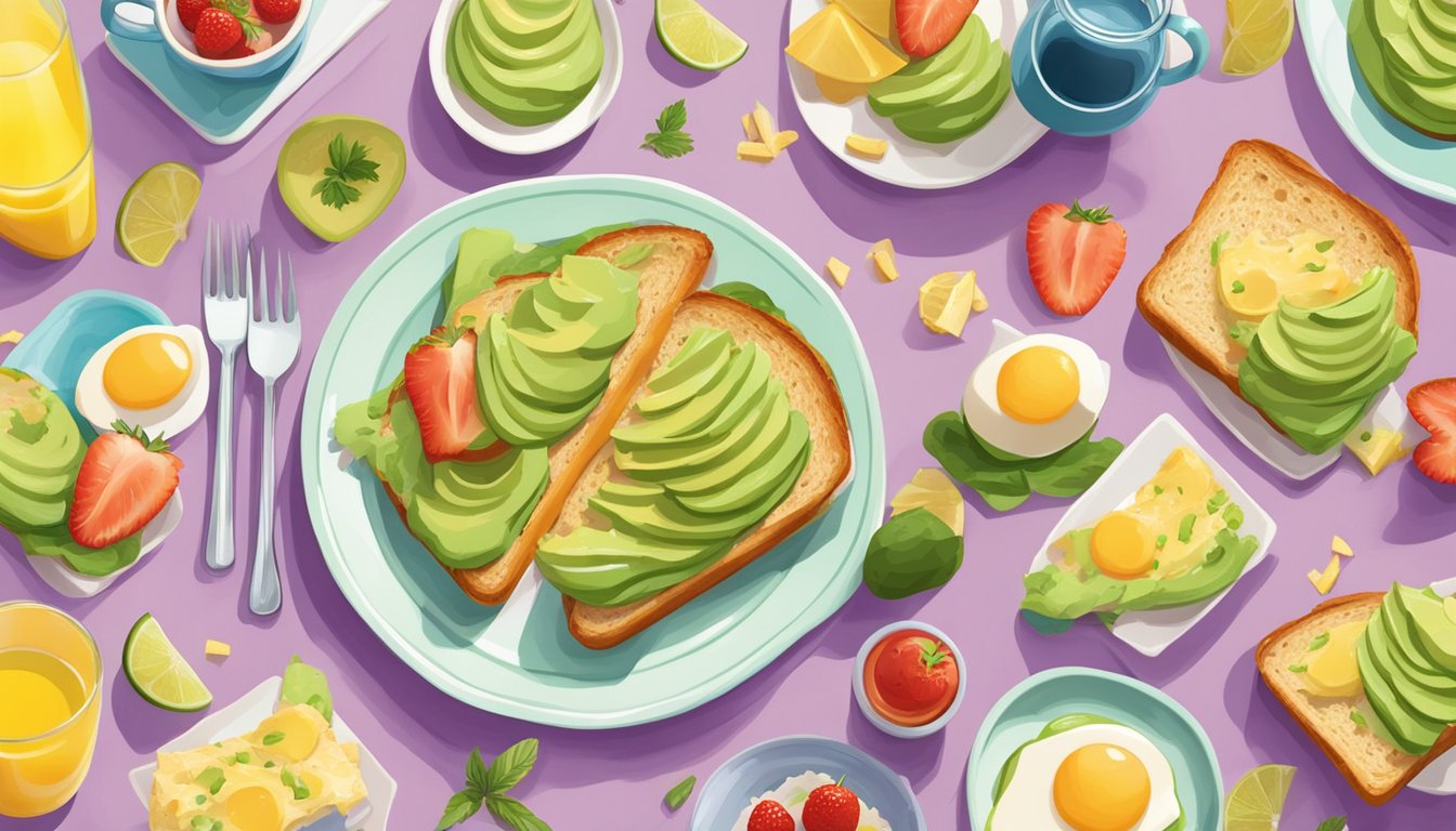 A colorful plate of avocado toast soldiers surrounded by playful breakfast items