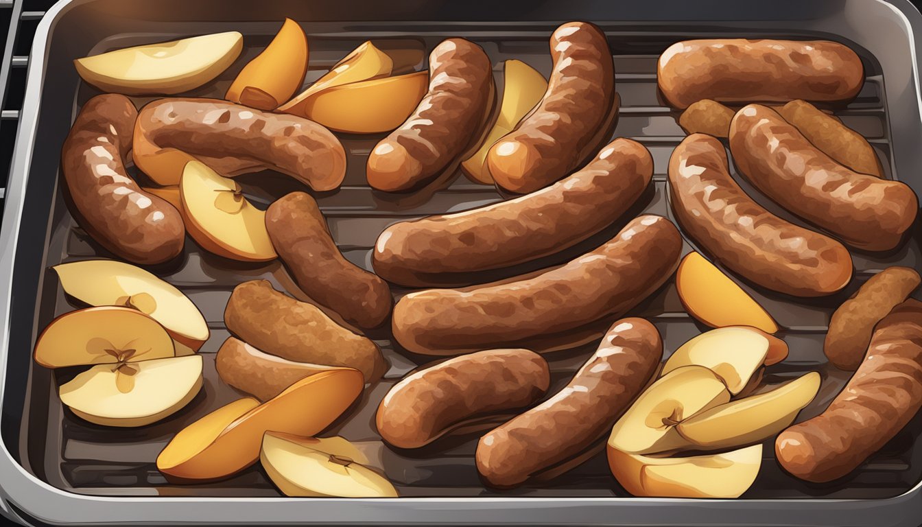 A sheet pan filled with maple-glazed sausages, sliced apples, and sizzling in the oven