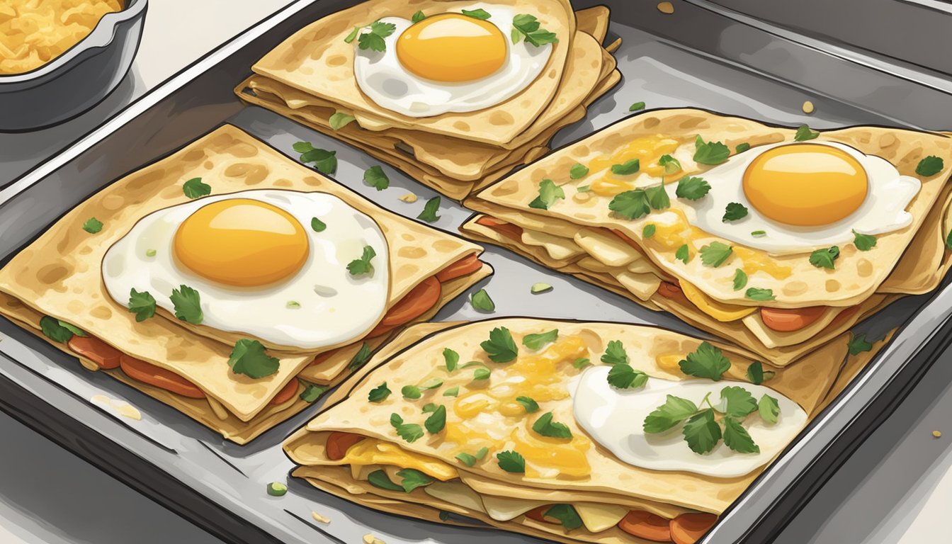 A sheet pan filled with breakfast quesadillas, eggs, and cheese, ready to be served