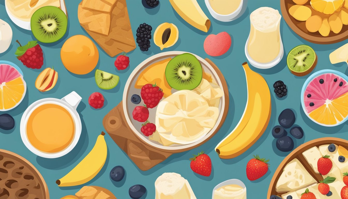 A colorful array of fruits, whole grains, and dairy products arranged on a breakfast table, with cheerful, child-friendly designs and portions