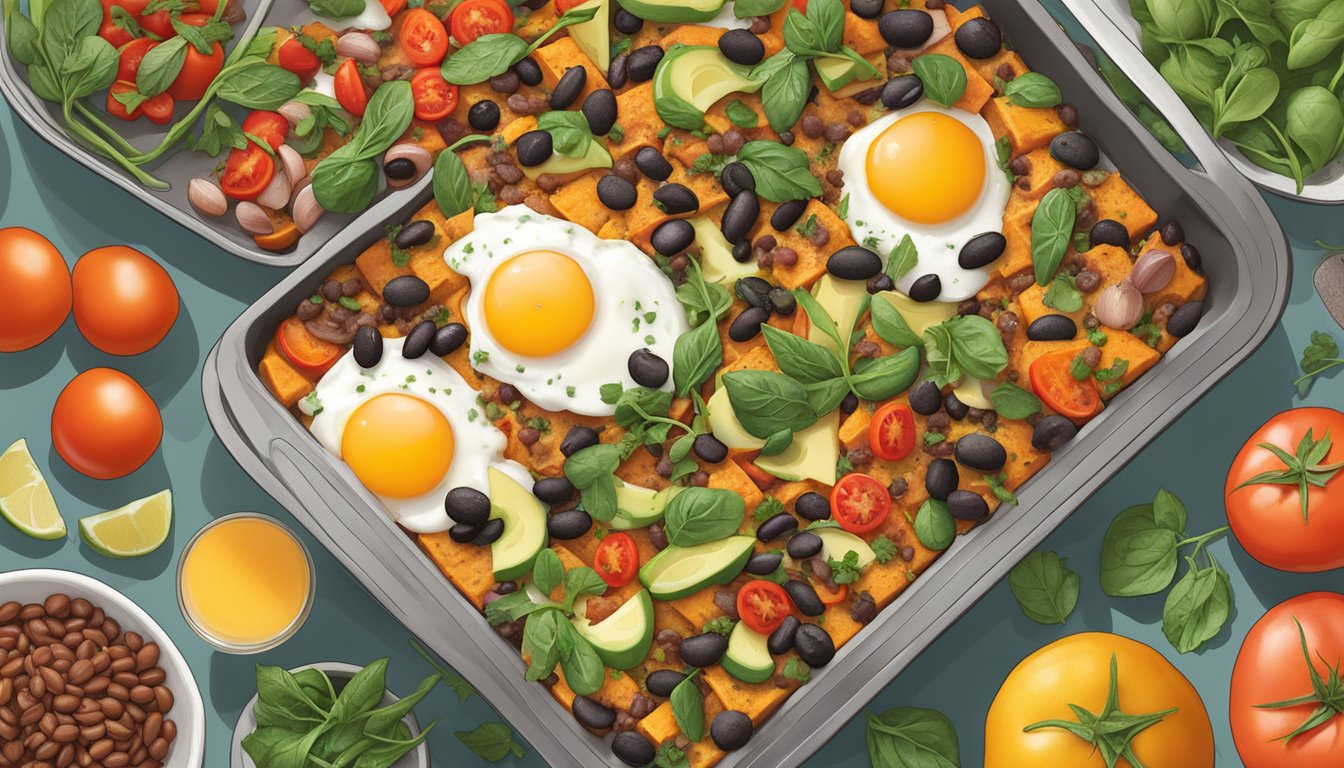 A sheet pan filled with sweet potato and black bean breakfast bake, surrounded by fresh ingredients like tomatoes, spinach, and herbs