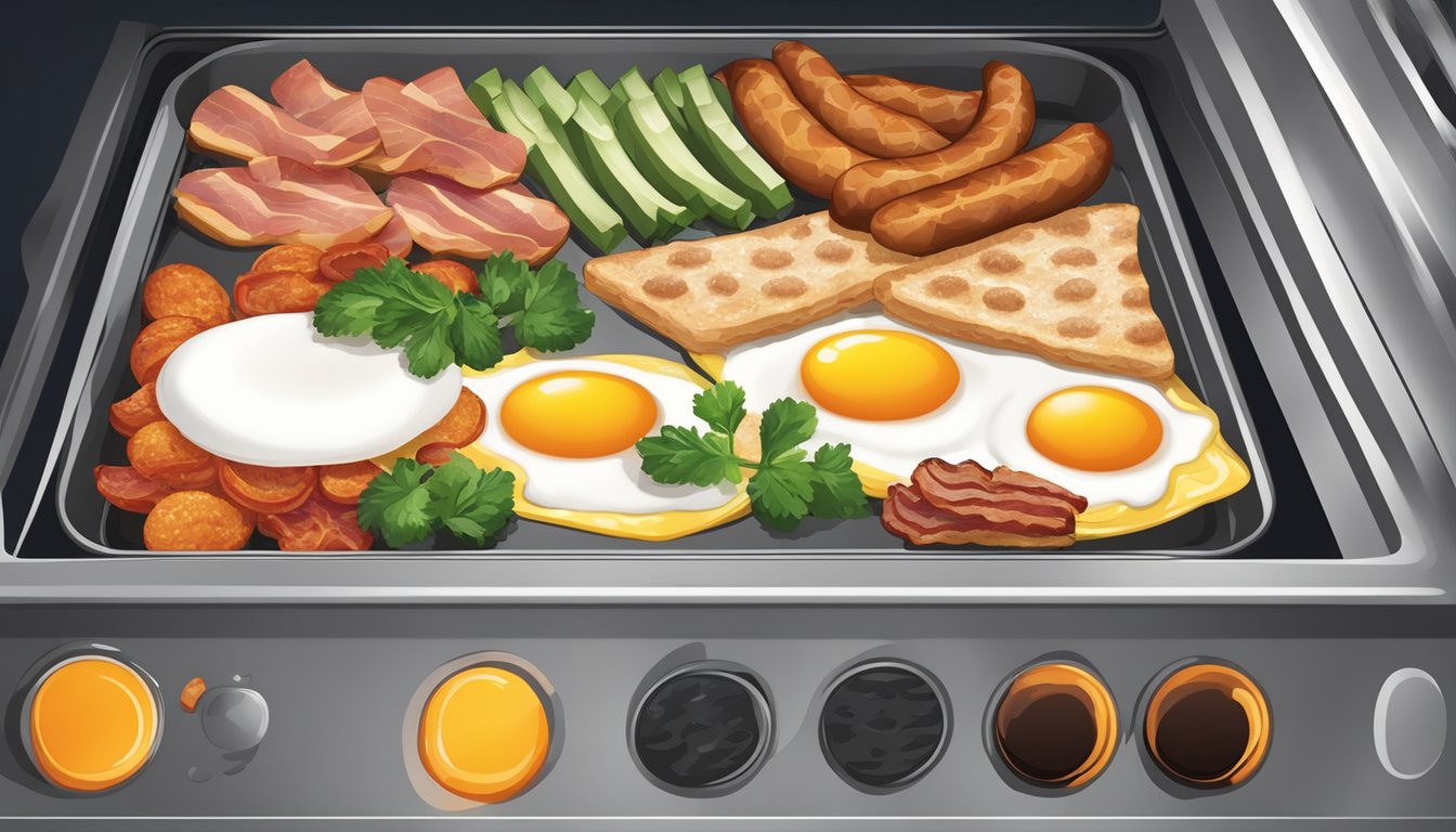 A sheet pan filled with an assortment of breakfast foods, including eggs, bacon, sausage, and vegetables, sits in a hot oven, emitting steam and sizzling sounds