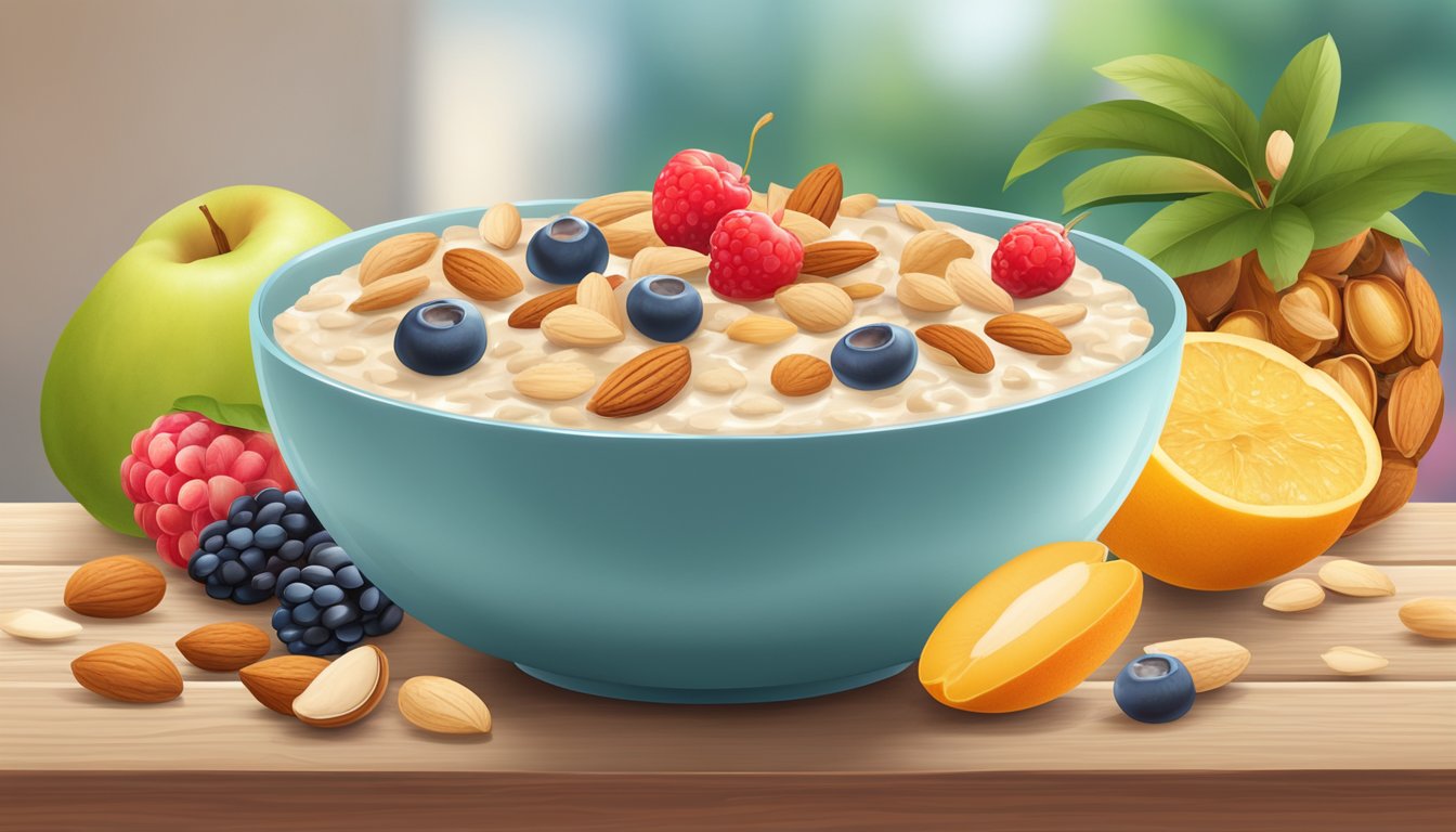 A bowl of oatmeal with almond milk, surrounded by various fruits and nuts, sits on a wooden table in a bright