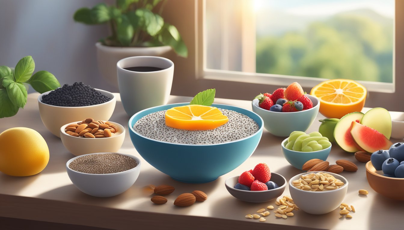 A bowl of chia seed pudding surrounded by a variety of dairy-free breakfast ingredients such as fruits, nuts, and seeds, with a bright morning sunlight streaming in through a window