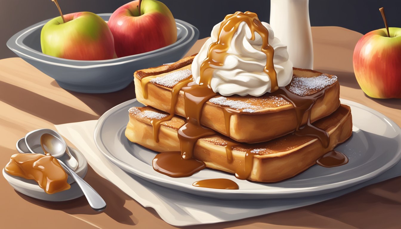 A stack of caramel apple french toast topped with powdered sugar and drizzled with caramel sauce, surrounded by fresh apple slices and a dollop of whipped cream