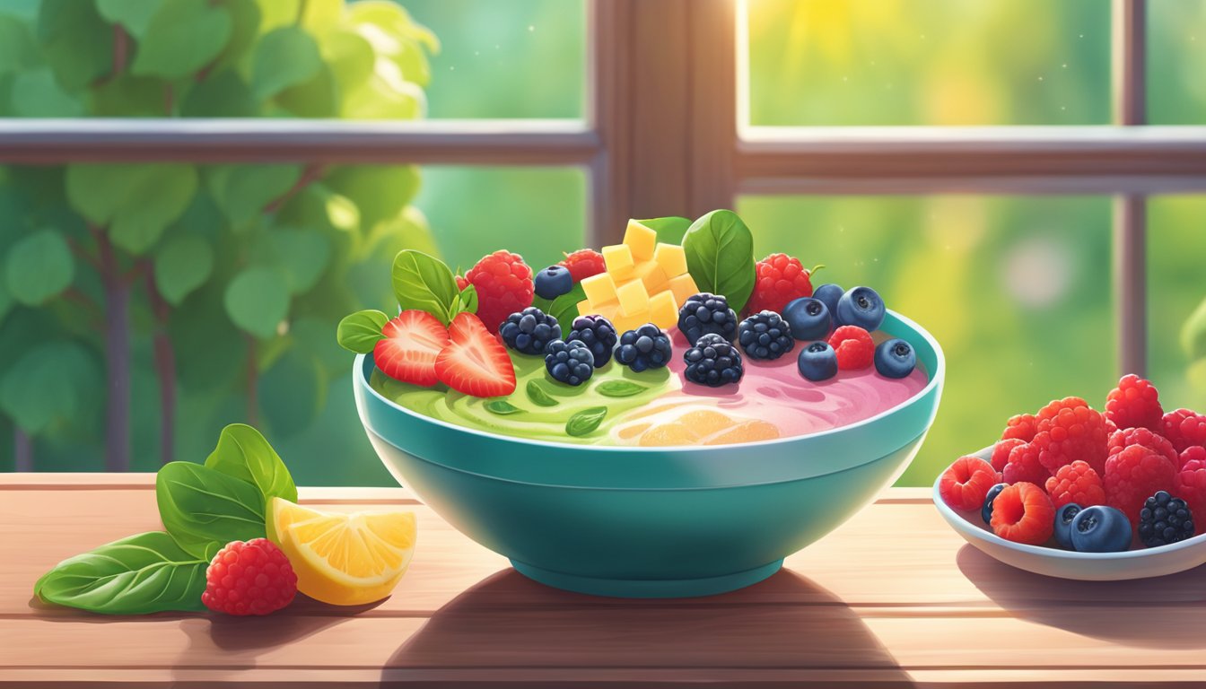 A vibrant smoothie bowl surrounded by fresh spinach leaves and assorted berries on a wooden table. Sunrise light streams in through a nearby window