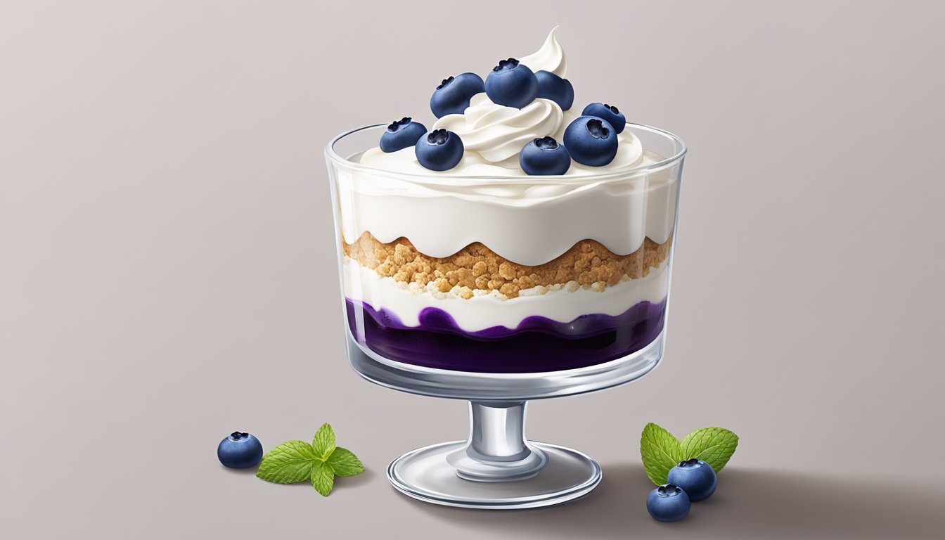 A glass parfait dish filled with layers of graham cracker crumbs, creamy cheesecake filling, and vibrant blueberry compote, topped with a dollop of whipped cream and fresh blueberries