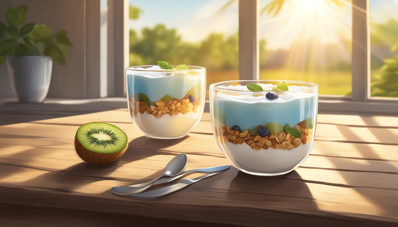 A glass parfait dish filled with layers of coconut yogurt, granola, and fresh fruit, sitting on a rustic wooden table. Sunlight streams in through a nearby window, casting a warm glow on the scene