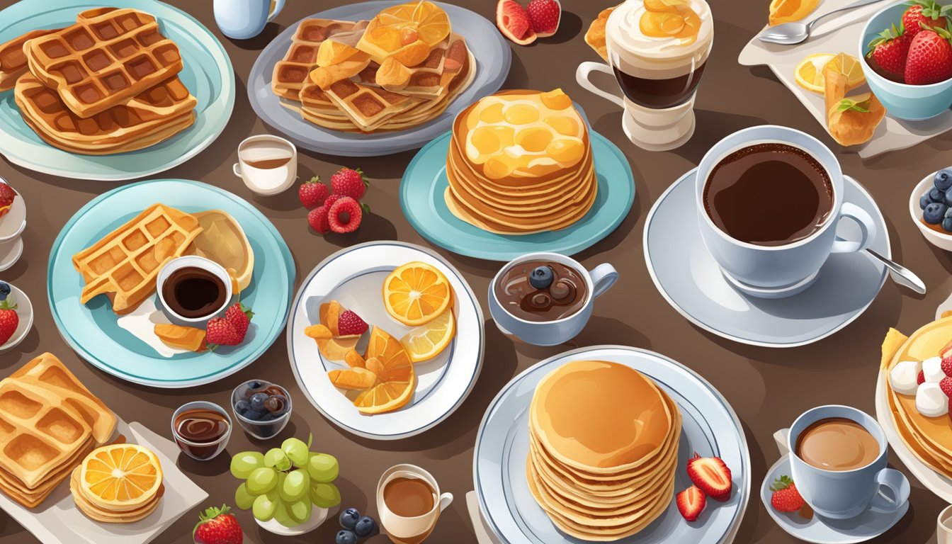 A table set with a variety of decadent breakfast dishes, including pancakes, waffles, and pastries, surrounded by fresh fruits and a steaming cup of coffee