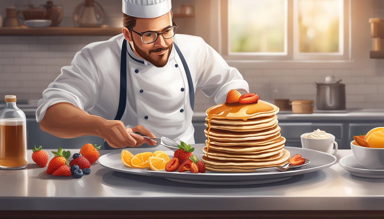 A chef preparing pancakes topped with whipped cream and syrup, with a side of caramelized bacon and fresh fruit