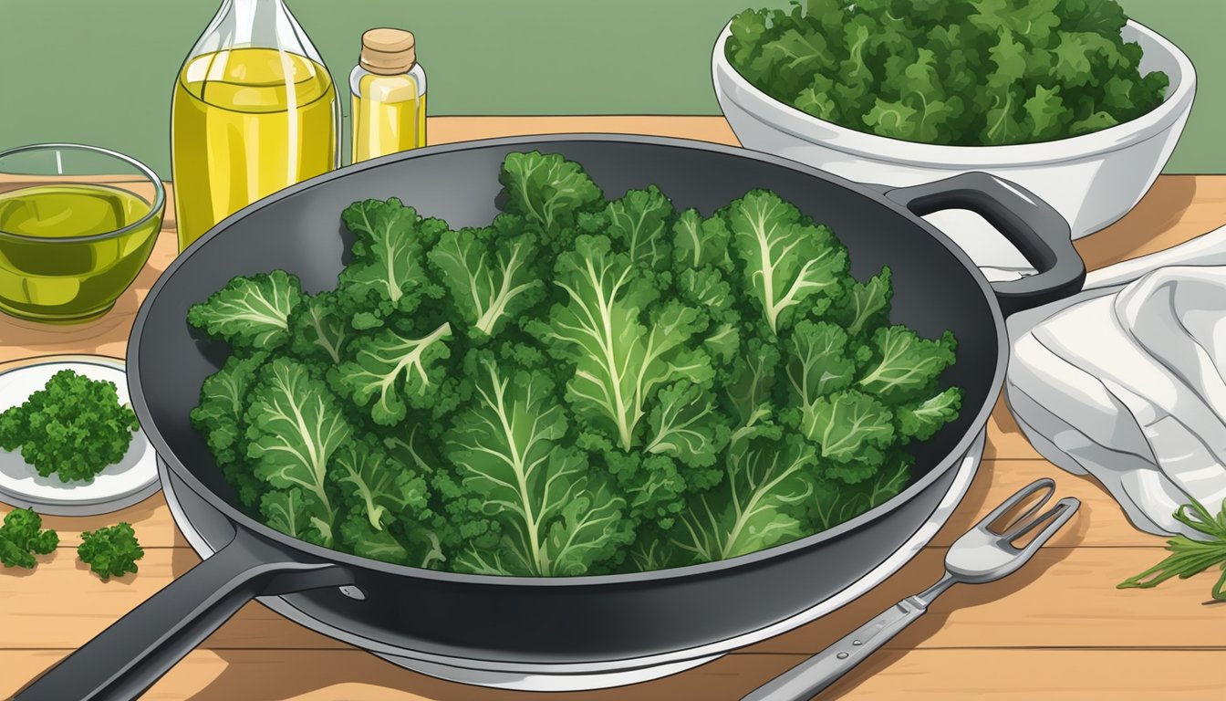 Fresh kale leaves being washed, chopped, and sautéed in a pan with olive oil and garlic, then served on a plate