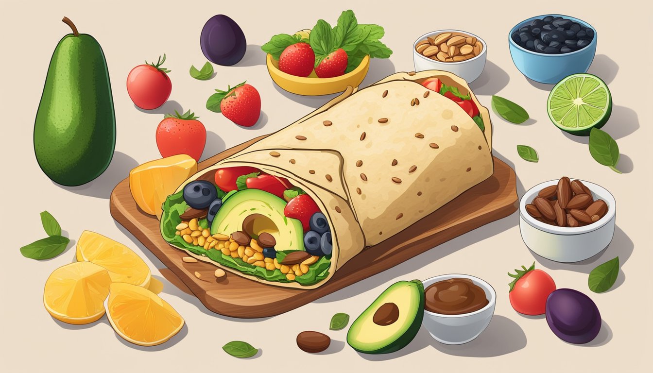 A colorful breakfast burrito filled with beans, avocado, and fresh vegetables, surrounded by a variety of dairy-free breakfast ingredients such as fruits, nuts, and grains