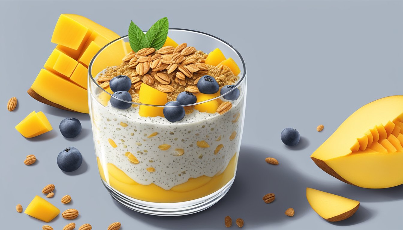 A glass parfait dish filled with layers of vibrant yellow mango chunks, creamy chia pudding, and a sprinkle of granola on top