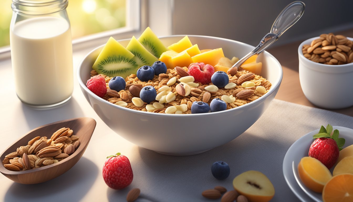 A bowl of gluten-free granola surrounded by a variety of fresh fruits and nuts, with a glass of dairy-free milk on the side. Sunlight streams in through a window, illuminating the scene