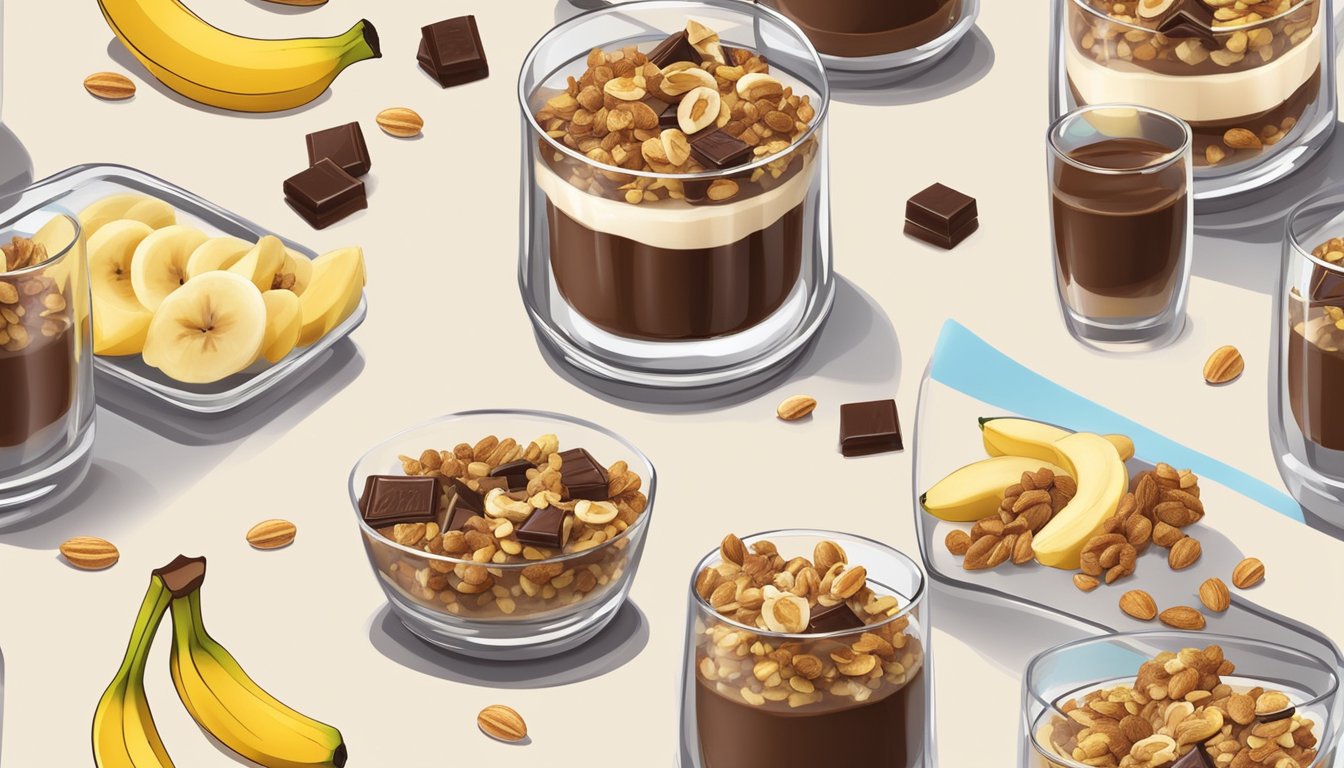 A glass parfait dish filled with layers of chocolate yogurt, sliced bananas, and crunchy nut granola, topped with a drizzle of honey