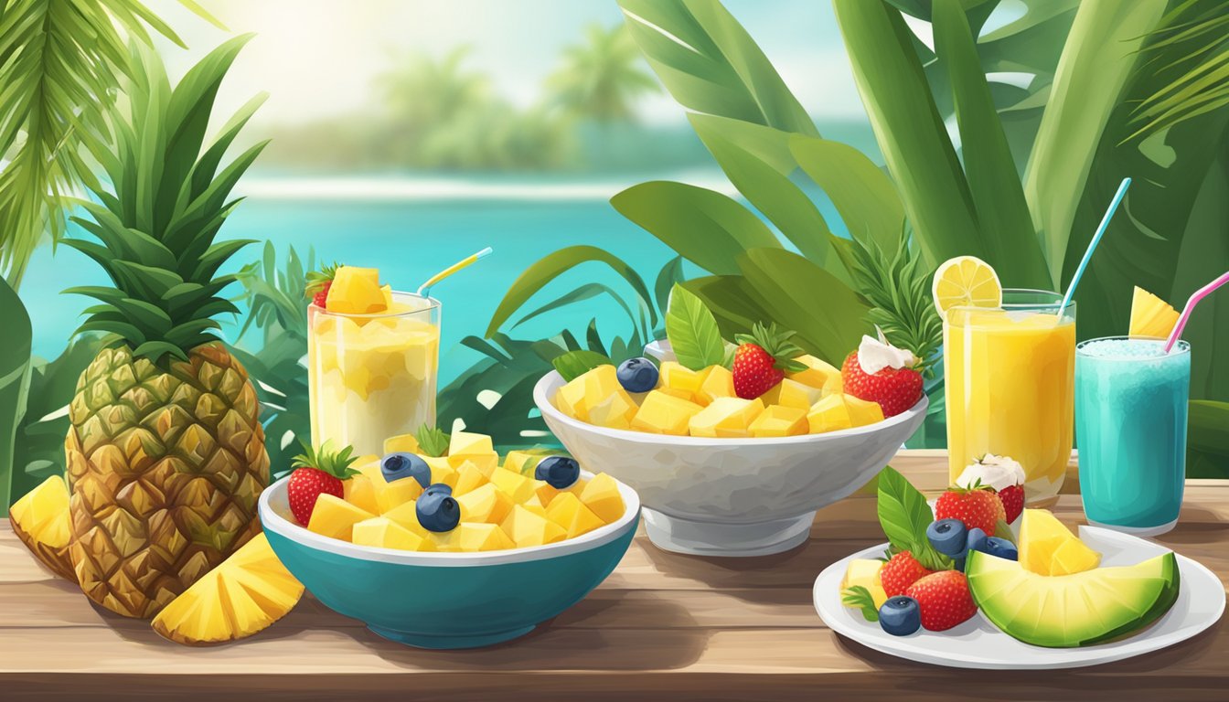 A tropical-themed breakfast scene with coconut and pineapple parfaits arranged on a table with colorful fruit and greenery