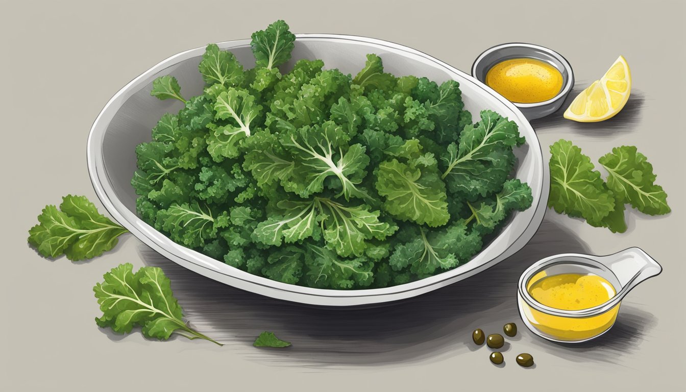 A bowl of fresh kale leaves being drizzled with olive oil and sprinkled with various seasonings and dressings