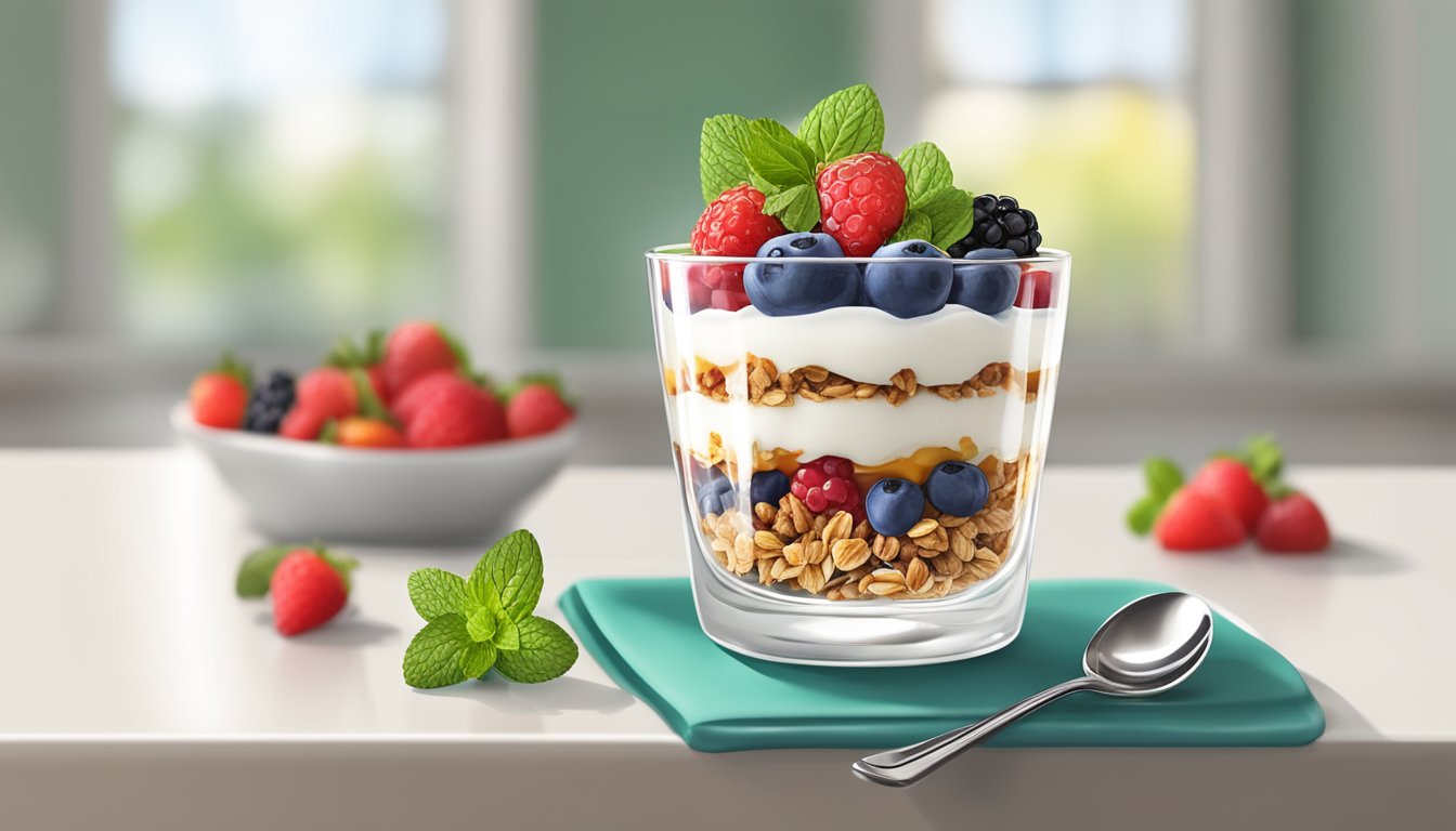 A glass parfait dish filled with layers of granola, yogurt, and fresh berries, topped with a drizzle of honey and a sprig of mint