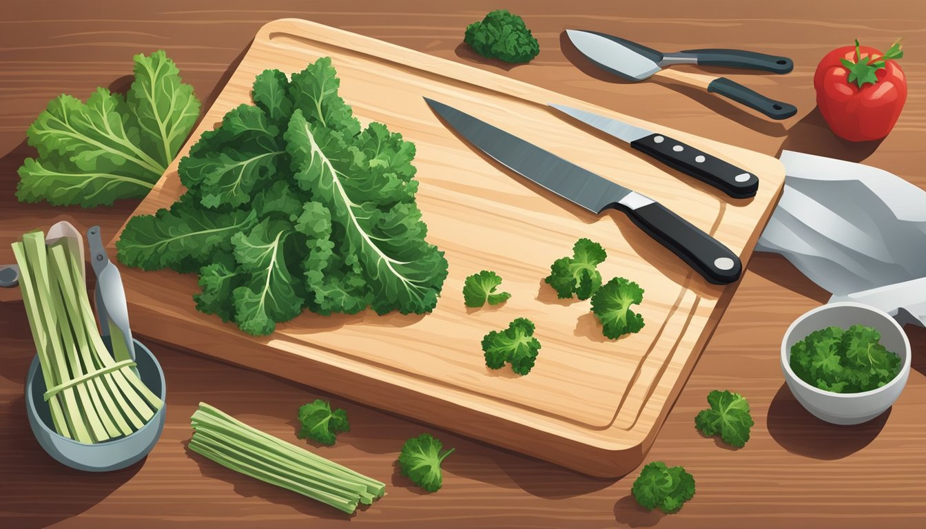 A cutting board with fresh kale leaves, a sharp knife, and various cooking utensils laid out on a kitchen counter