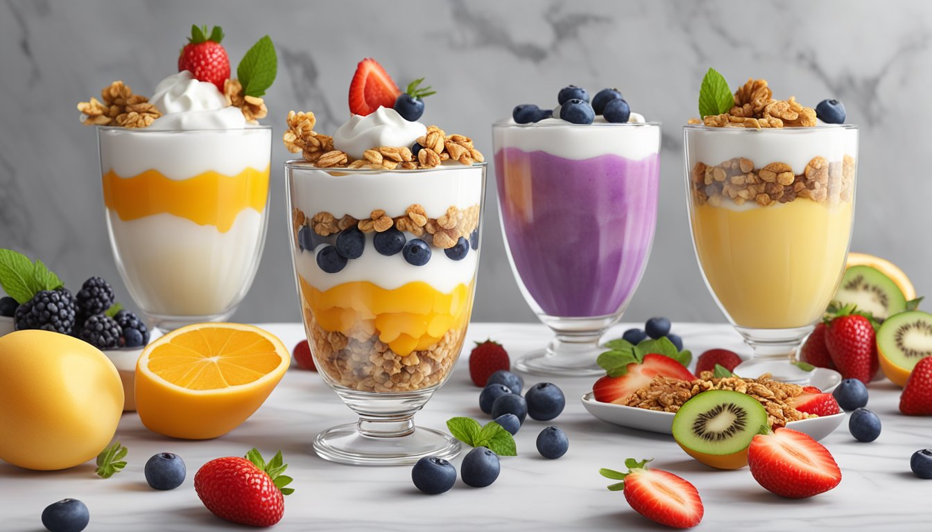 A colorful array of breakfast parfaits arranged on a marble countertop, topped with layers of granola, yogurt, and fresh fruit, with decorative garnishes