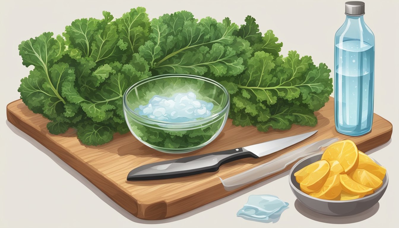 A cutting board with fresh kale leaves, a sharp knife, and a bowl of water for washing