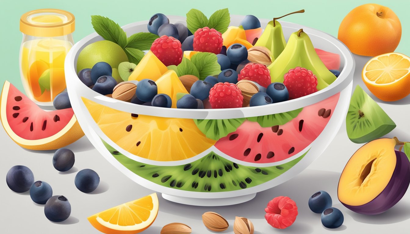 A colorful bowl of fruit salad with a variety of fresh fruits and nuts, surrounded by a collection of ingredients and kitchen utensils