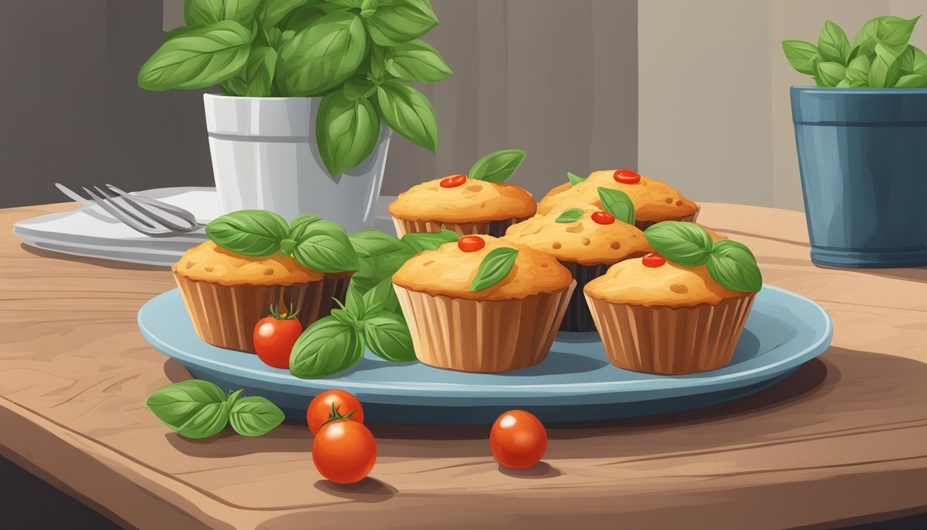 A wooden table with a plate of savory muffins, fresh basil leaves, and halved cherry tomatoes