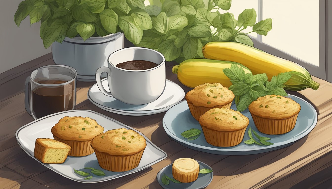 A rustic kitchen table with a platter of golden-brown zucchini parmesan muffins, surrounded by fresh herbs and a steaming cup of coffee