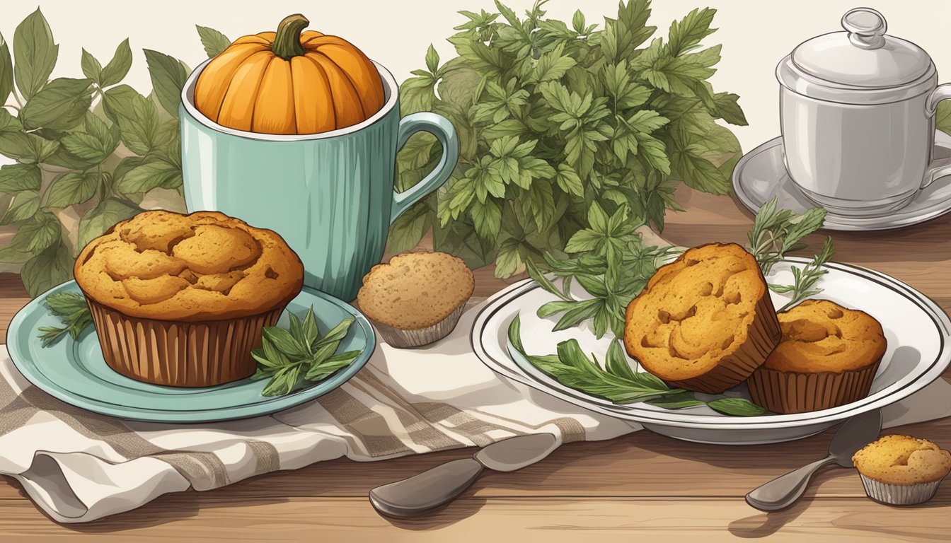 A rustic kitchen table set with a platter of golden-brown pumpkin sage muffins, surrounded by fresh herbs and a steaming cup of coffee