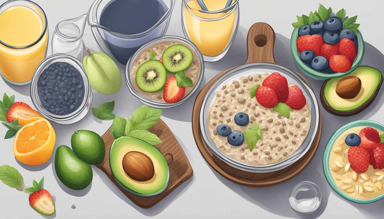 A table set with a variety of dairy-free breakfast options, such as fruit smoothies, oatmeal with almond milk, avocado toast, and chia seed pudding