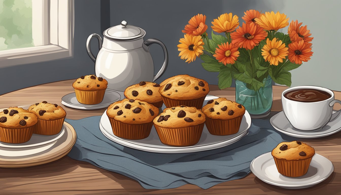 A rustic kitchen table with a platter of sundried tomato olive muffins, accompanied by a steaming cup of coffee and a vase of fresh flowers