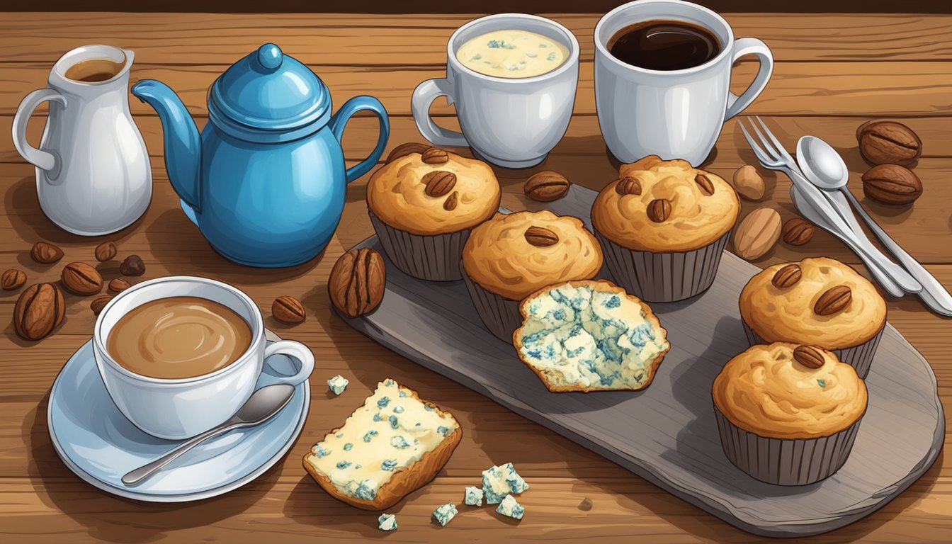 A rustic wooden table with a plate of blue cheese walnut muffins, surrounded by a spread of breakfast ingredients and a steaming cup of coffee