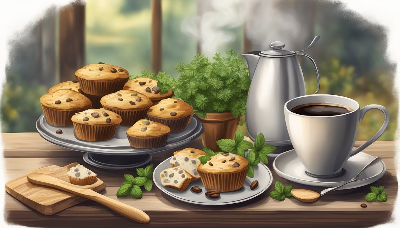 A rustic kitchen scene with a wooden table set with a platter of Mushroom Swiss Muffins, surrounded by fresh herbs and a steaming cup of coffee