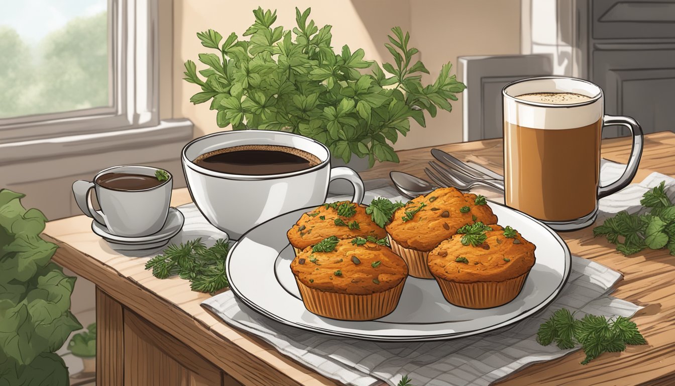 A rustic kitchen table with a platter of savory sweet potato chorizo muffins surrounded by fresh herbs and a steaming cup of coffee