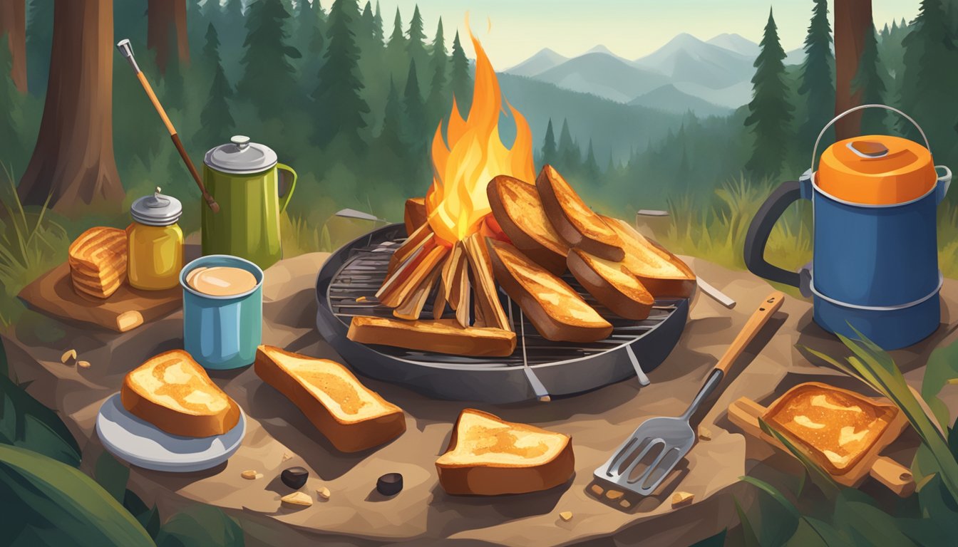 A campfire with skewers of French toast, surrounded by nature and camping gear