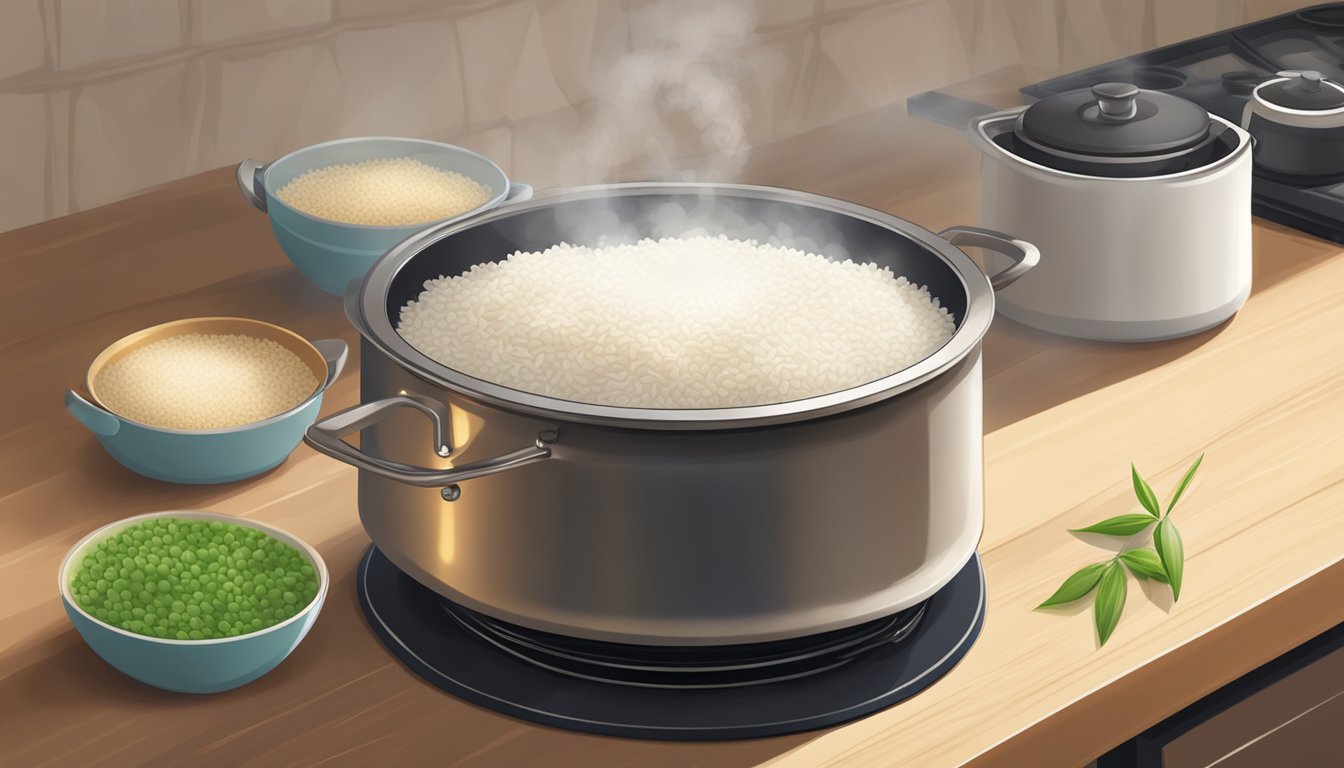 A pot of jasmine rice simmers on a stove, steam rising as the grains absorb the water, creating a fluffy and fragrant dish