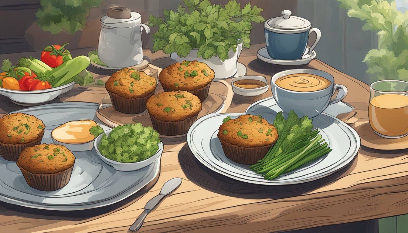 A rustic kitchen table with a platter of herb-crusted veggie muffins, surrounded by fresh vegetables and a steaming cup of coffee