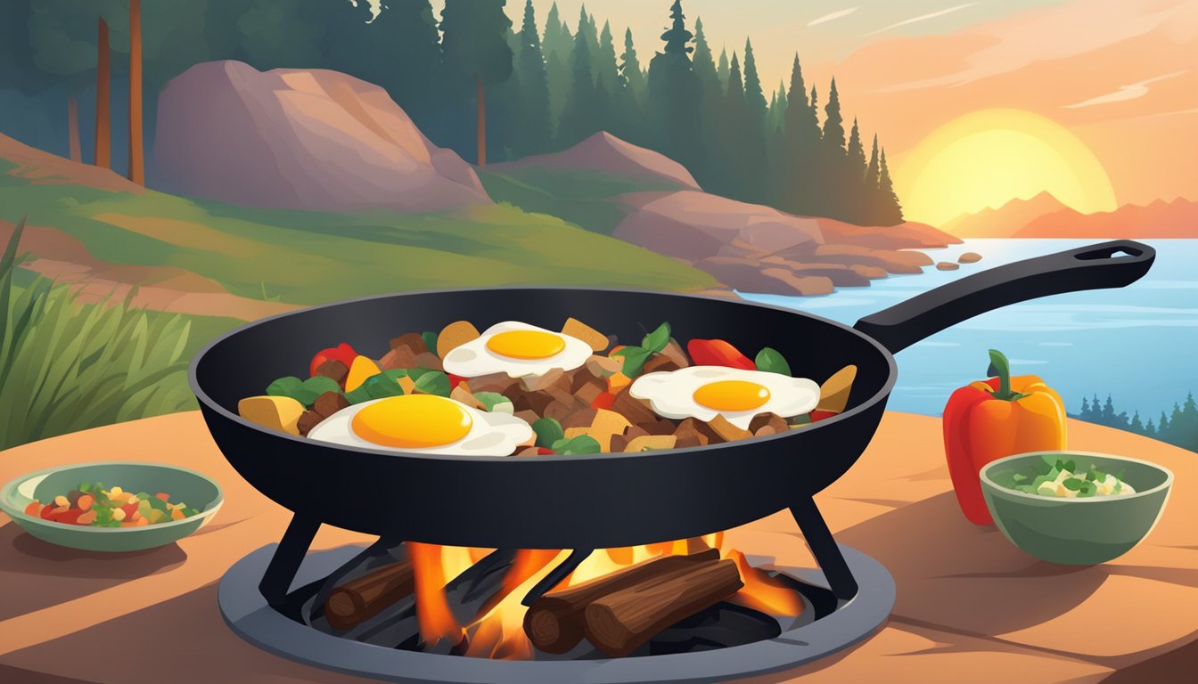 A campfire with a cast iron skillet cooking a colorful breakfast hash with potatoes, peppers, onions, and eggs. Sunrise in the background