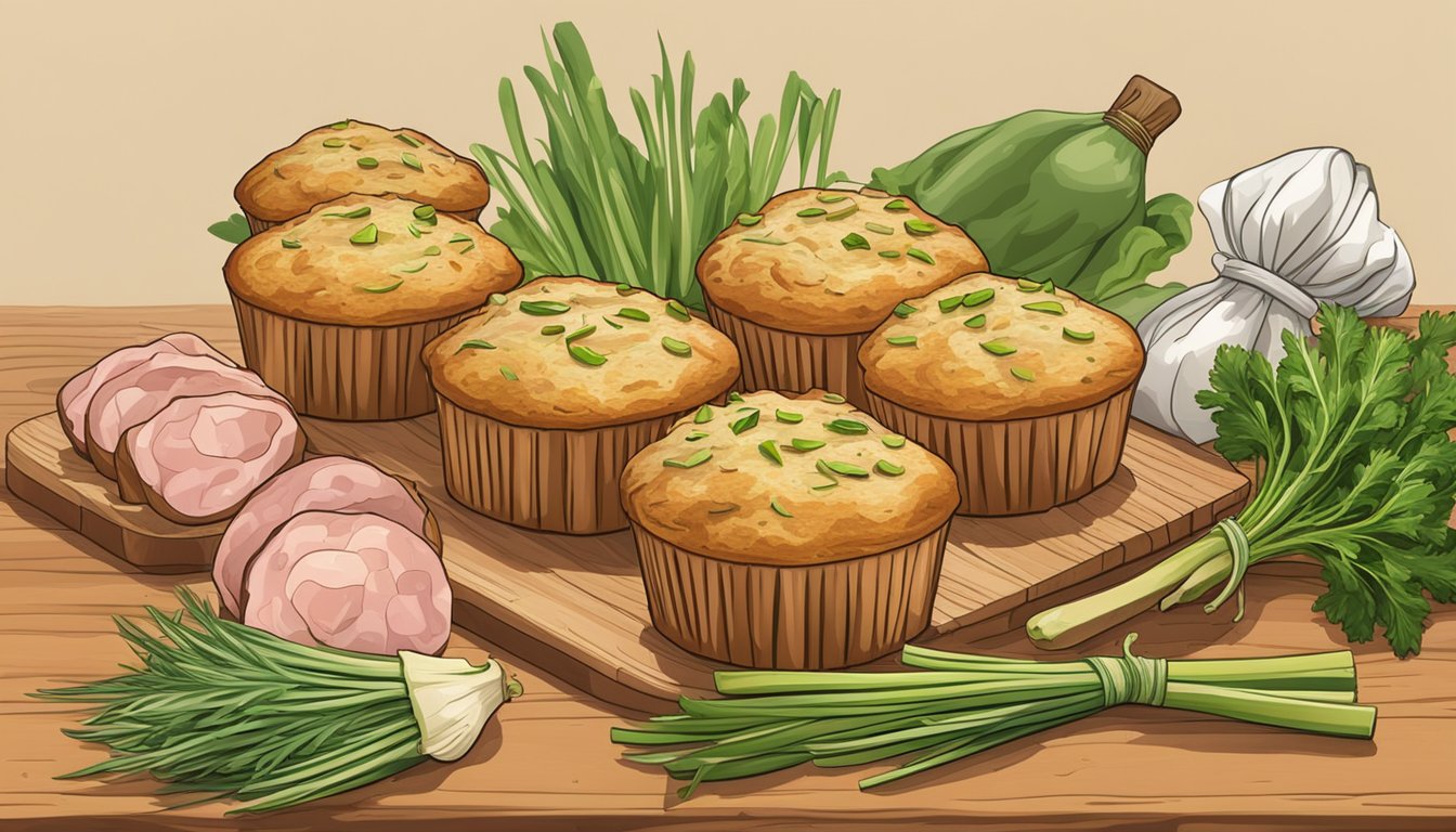 A rustic kitchen counter displays a variety of savory muffins, including leek and ham, arranged on a wooden cutting board with fresh herbs scattered around