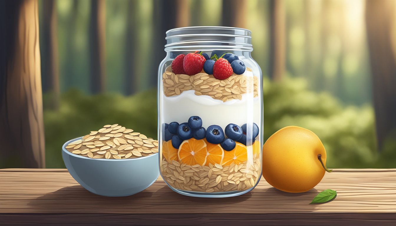 A mason jar filled with layers of oats, yogurt, and fruit, sitting on a rustic wooden table in a forest clearing