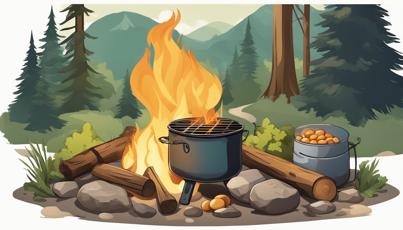 A campfire with a pot hanging over it, steam rising from a boiling bag filled with vegetables and eggs, surrounded by a rustic camping setting