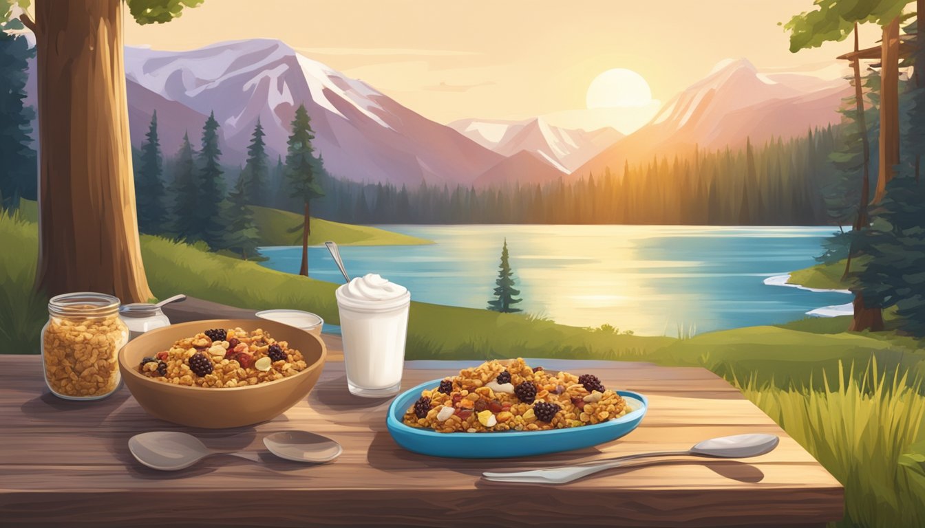 A rustic campsite with a colorful bowl of granola and yogurt parfait set on a wooden picnic table surrounded by nature