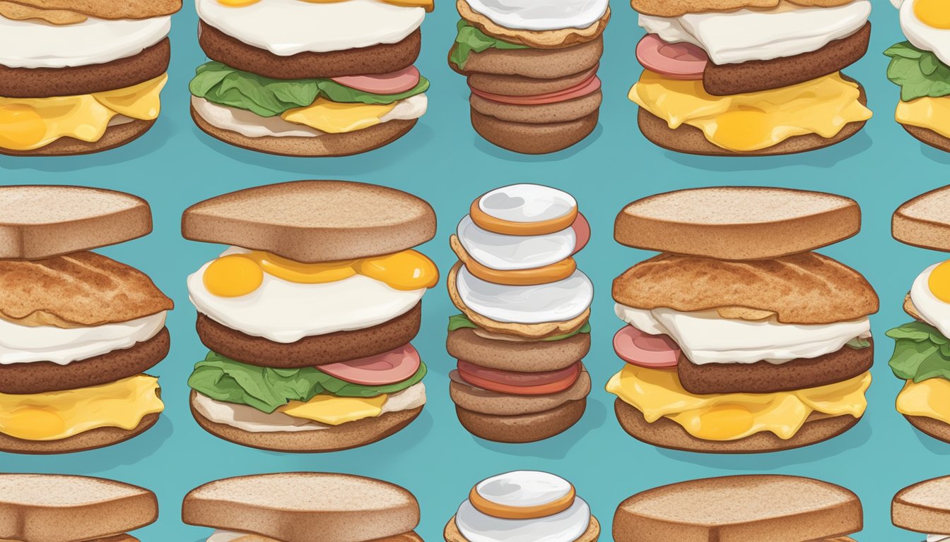 A breakfast sandwich with turkey sausage and egg whites on a whole grain English muffin, surrounded by other frozen breakfast sandwiches