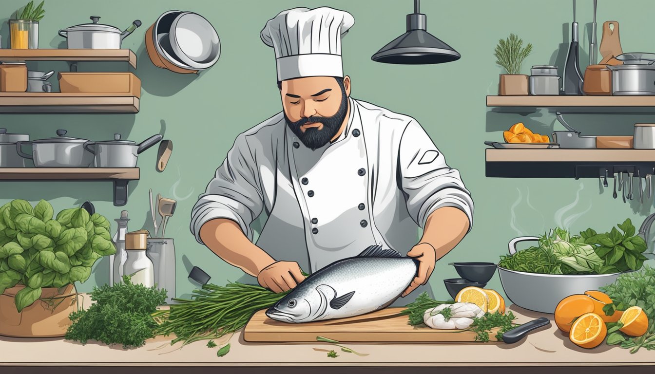 A chef carefully inspects a fresh halibut fillet, surrounded by various herbs, spices, and cooking utensils, preparing to cook a delicious meal