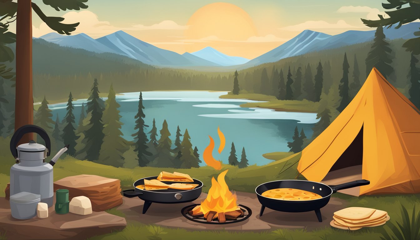 A campfire with a skillet cooking breakfast quesadillas, surrounded by camping gear and a scenic outdoor backdrop