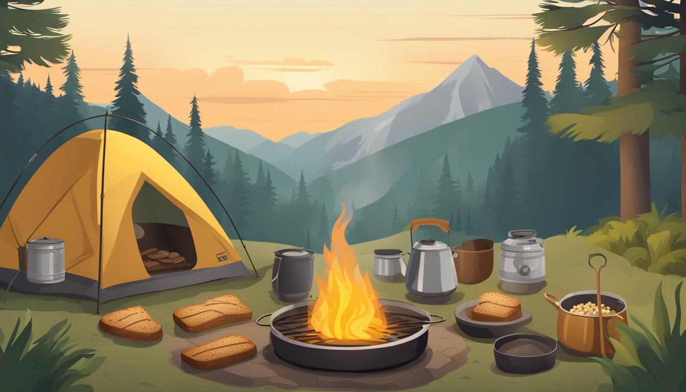 A rustic campfire with a pot of banana bread oatmeal cooking on a grate, surrounded by camping gear and nature