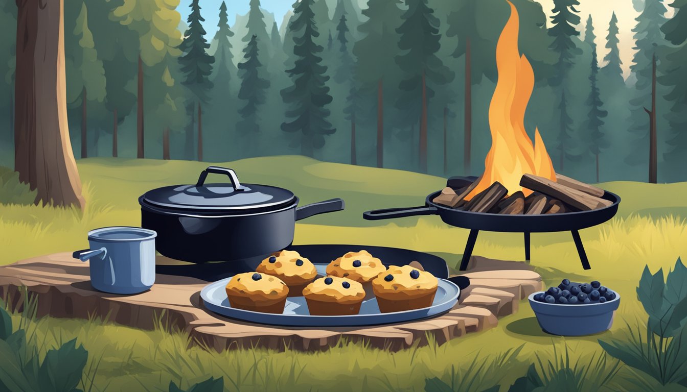 A rustic camping scene with a campfire, a cast iron skillet, and a plate of blueberry scone muffins surrounded by nature